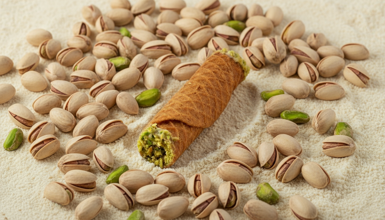 Wafer roll with pistachio cream