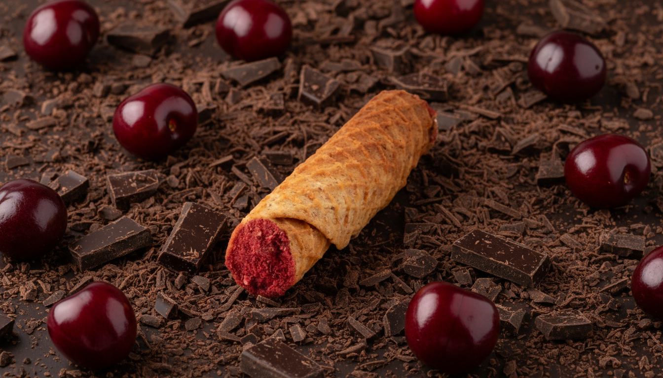 Wafer roll with chocolate cream and sour cherry (soaked in whiskey)