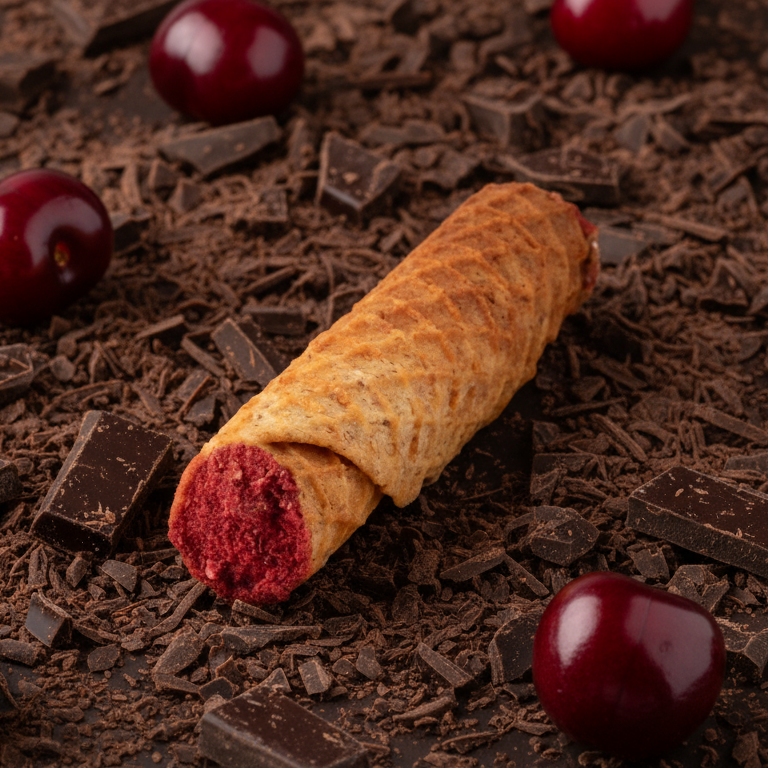 Wafer roll with chocolate cream and sour cherry (soaked in whiskey)