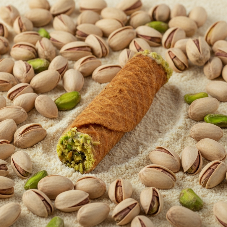 Wafer roll with pistachio cream